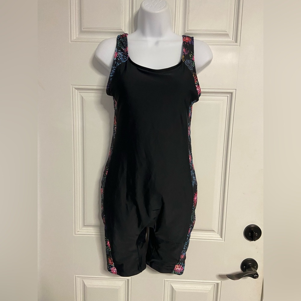 T21a- Black Floral Side Striped One-Piece Swimsuit